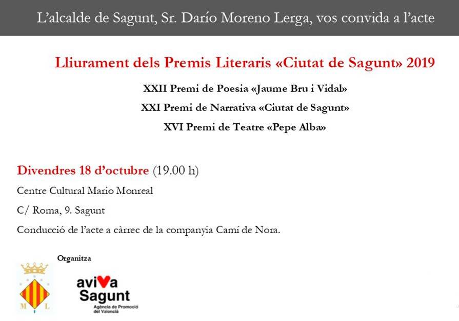 Los XXII Premios Literarios Ciutat de Sagunt se darán a conocer este viernes en el Mario Monreal
